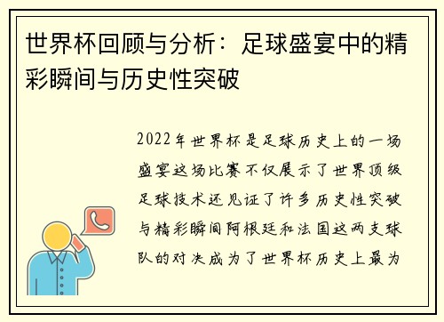 世界杯回顾与分析：足球盛宴中的精彩瞬间与历史性突破